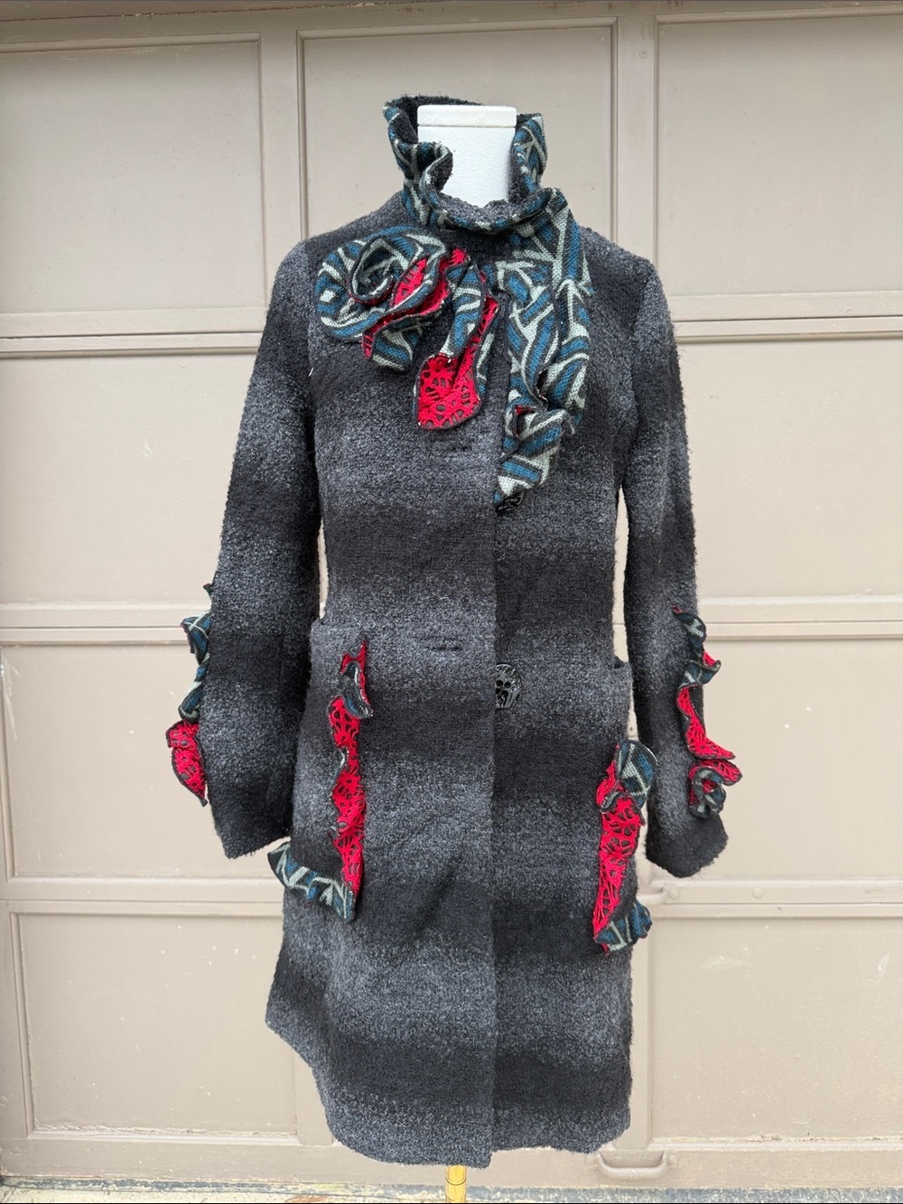 Women's Textured Black & Gray Trench Coat with Red Accent Trim wool blend